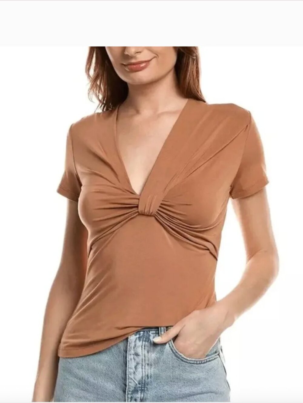 A.L.C. Helen Caramel Bronze Twisted V-Neck Short Sleeve Top Womens XS